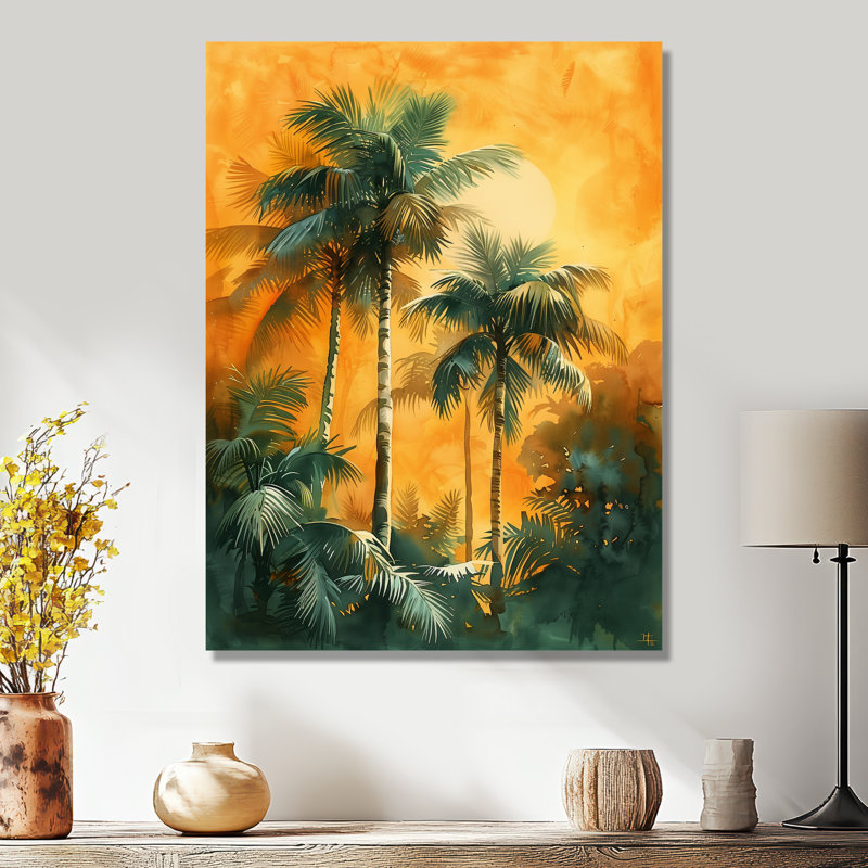 «Green Orange Palm Trees Swaying II - Palms & Palm Trees», reproduction d'art mural, Sans cadre, métal, H 24 po x l 32 po