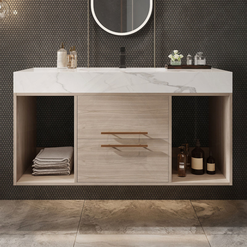 Meuble-lavabo flottant avec lavabo en céramique et tiroirs à fermeture en douceur, Bois