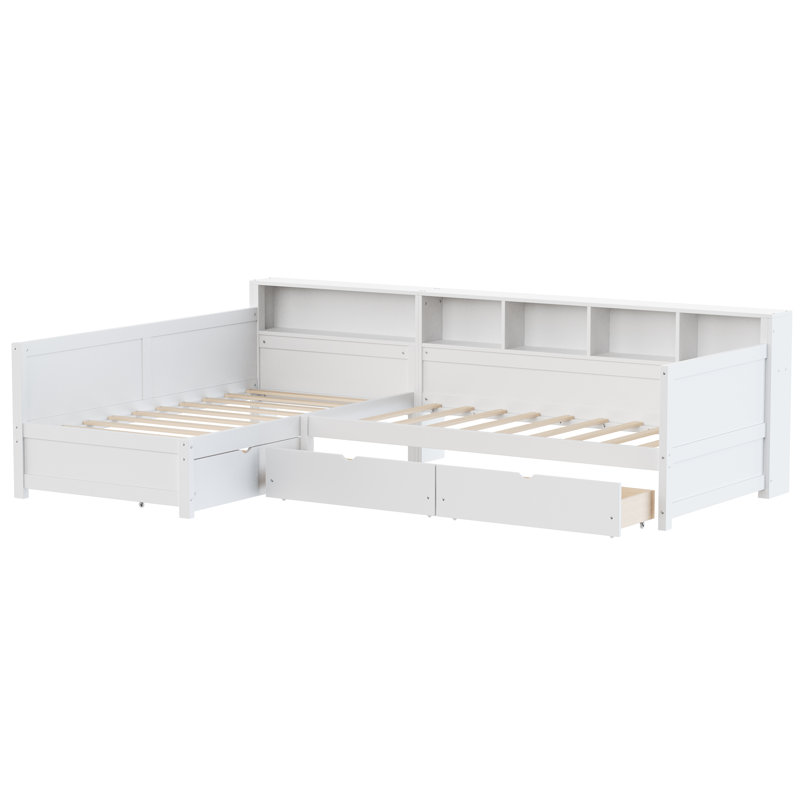 Lit de jour simple en L avec 3 tiroirs de rangement, structure de lit d'angle en bois avec bibliothèque pour chambre d'enfant ou salon, blanc