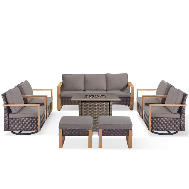 Ensemble de conversation pour foyer d'extérieur en osier 8 pièces avec 4 fauteuils pivotants et 2 repose-pieds Palomares