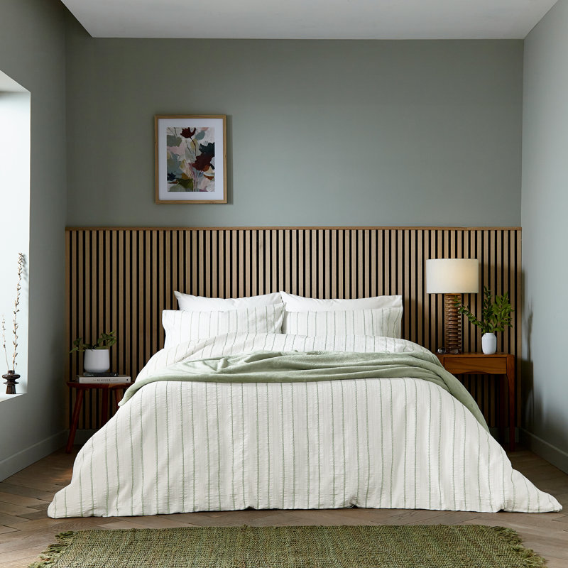 Waffle Stripe Duvet Cover Set, Green Striped, Double Duvet Cover + 2 Pillowcases
