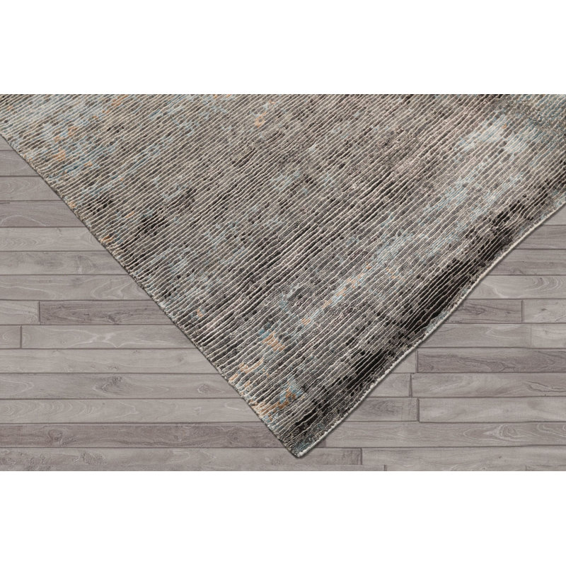 Tapis abstrait moderne en laine, bambou et soie, gris aqua, 160 x 236 cm, noué à la main