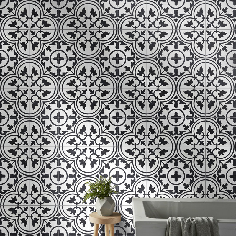 Casa 8" x 8" Cement Patterned Wall & Floor Tile, White/Black