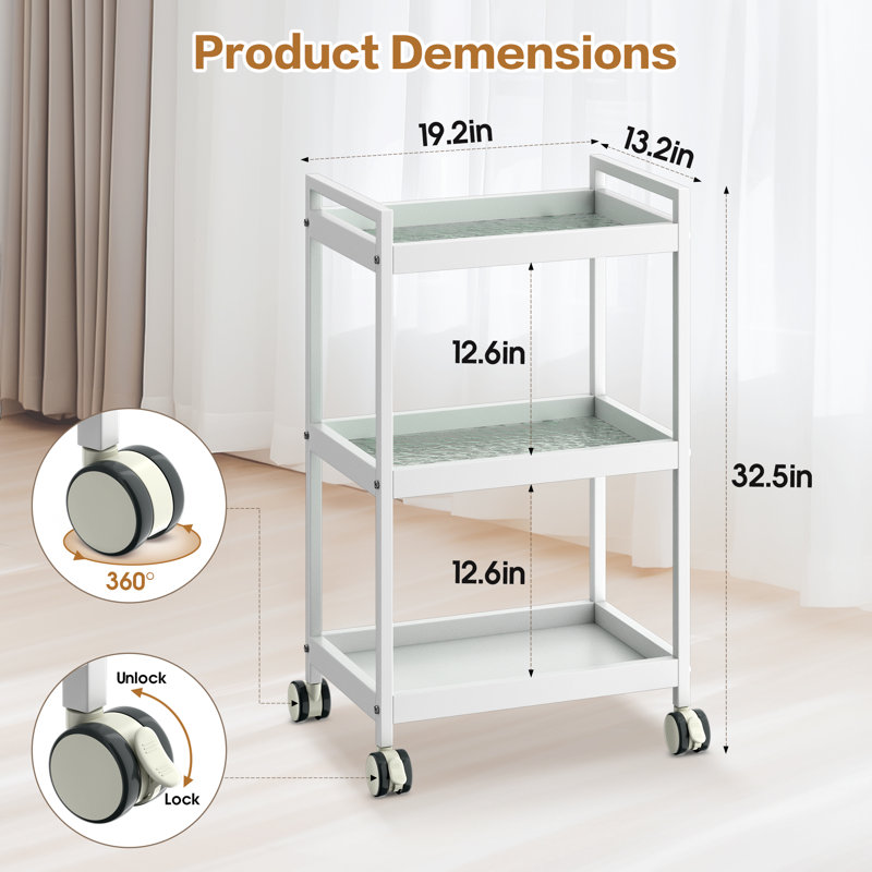 3-Tier Glass Utility Cart Rolling Metal Storage Organizer with Wheels, White