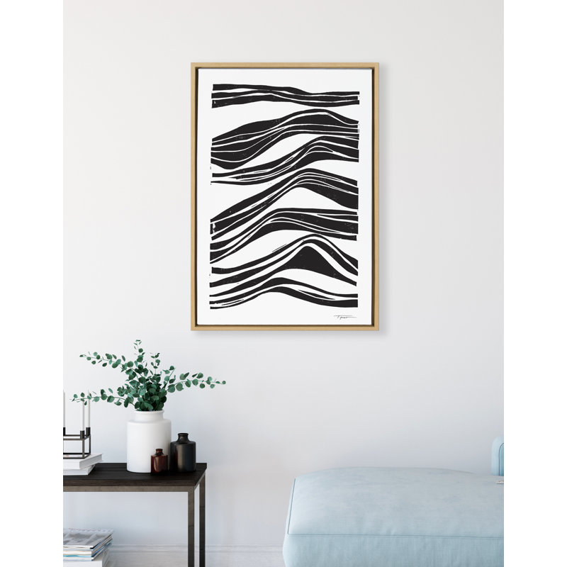 Abstract Waves Black and White Canvas Wall Art with Natural Frame