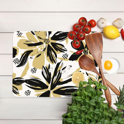 Black Glass Serving Board with Floral Pattern for Modern Kitchen Decor
