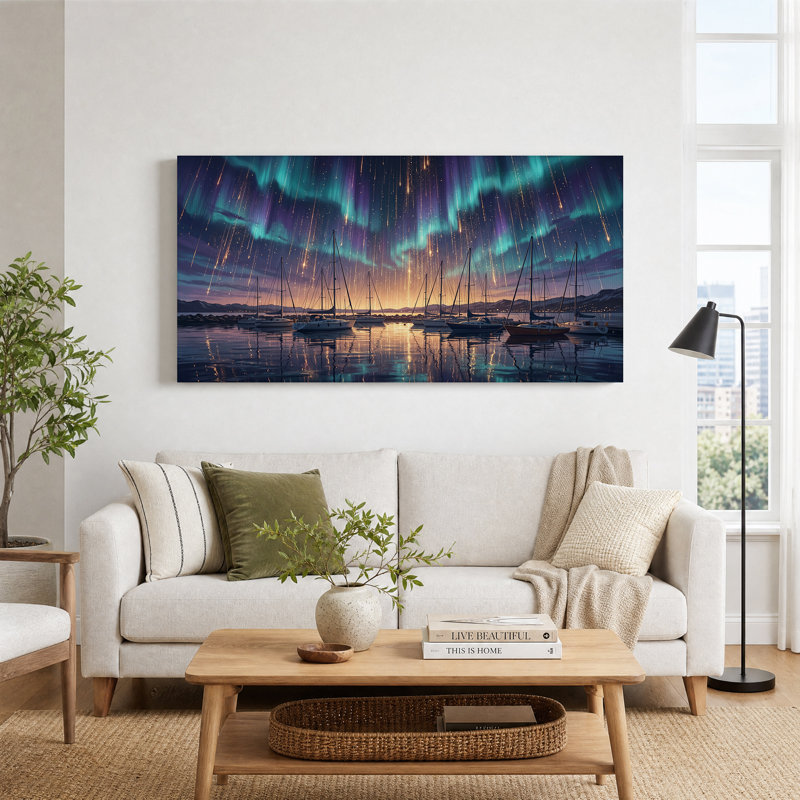 Voiliers dans le port sous les aurores boréales - Tableau sur toile, 32“W x 16”H
