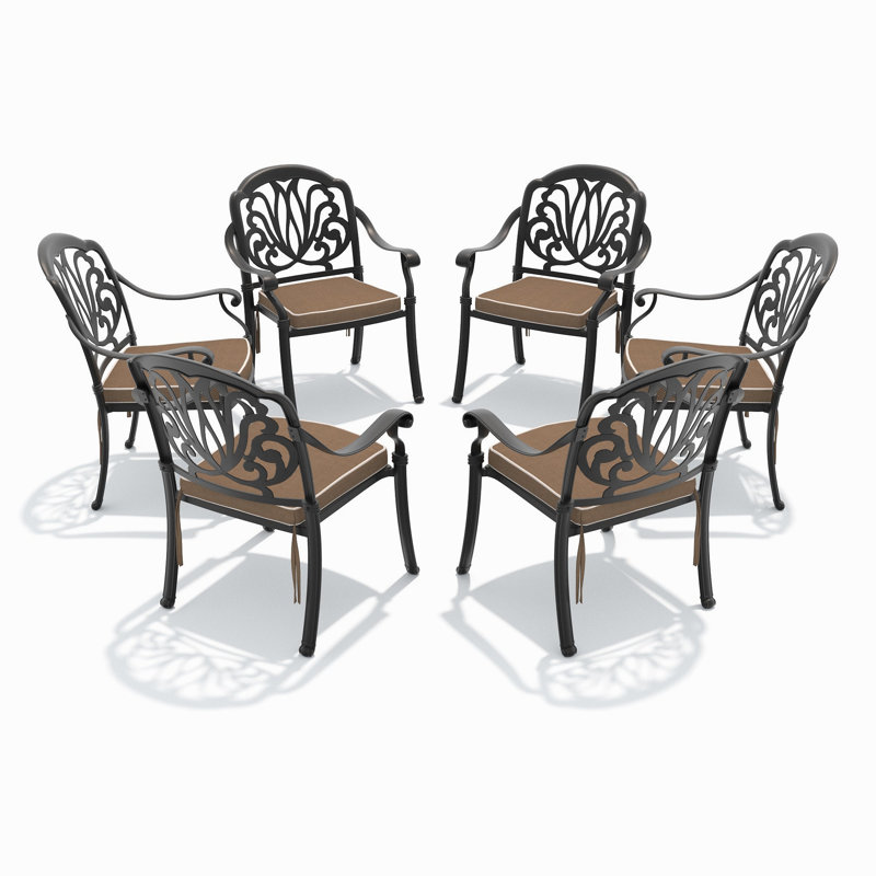 Chaise de patio en fonte d'aluminium 6 pièces avec cadre noir et coussins bruns (Identique à: W1710S00479), 6