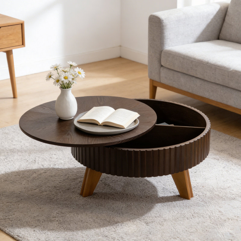 Table basse ronde avec espace de rangement, Brun / Naturel, H 15,7 po x L 31,5 po x L 31,5 po