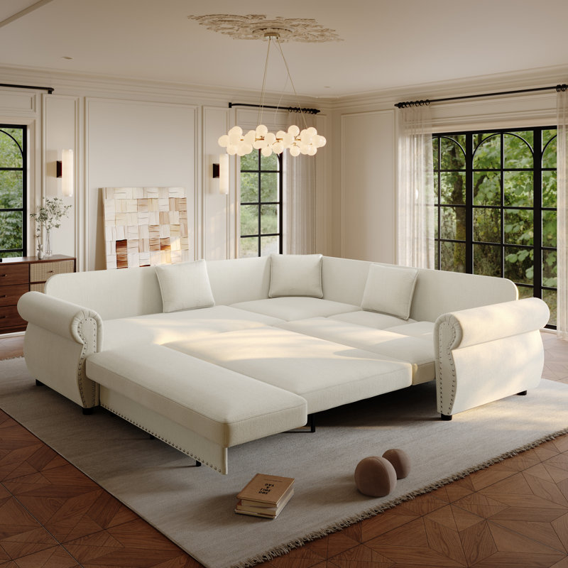 Pull-Out Sofa Bed Sectional,Chenille Modular Sleeper Sectional L Shaped Couch Sofa Bed, Beige