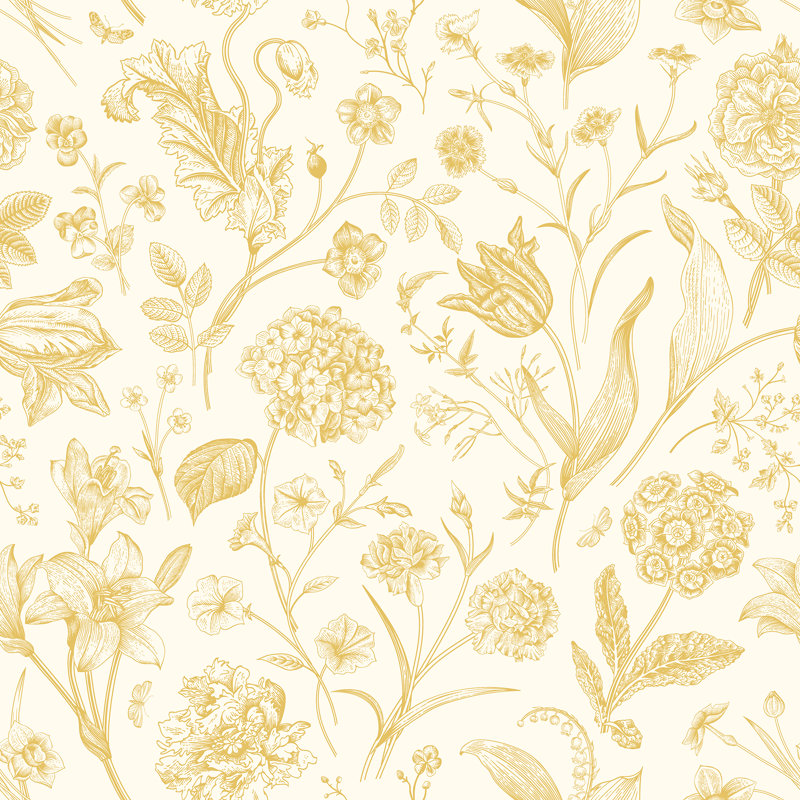 Floral Toile - Royal Blue 10m Wallpaper, Yellow Floral