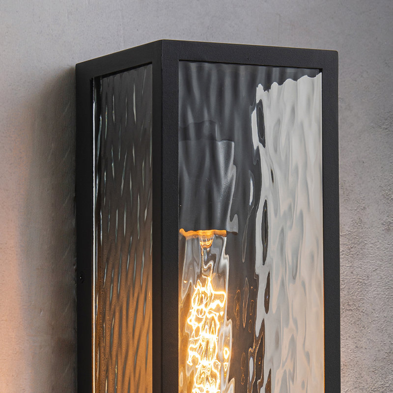H13" 1-light Modern Black Outdoor Wall Sconce With Water Ripple Glass And Dusk To Dawn Sensor Open Bottom Exterior Waterproof Porch Light Fixture For Garage Patio