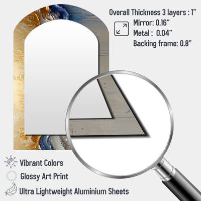 Rhythmic Golden Ink Waves Fusion I - Maze Asymmetrical Large Wall Mirror, Modern Arch Unique Mirror, Printed Metal Art