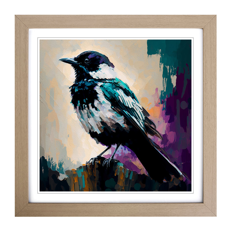 Magpie Palette Knife Painting - Framed Print, Oak