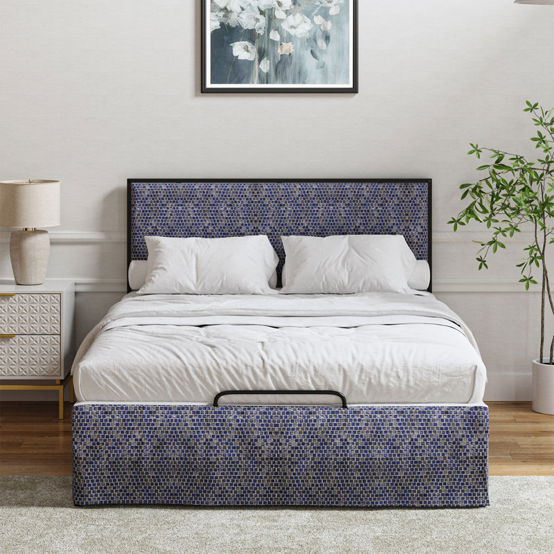 Lit plateforme tapissier Neilius avec housse lavable, Simple, Carreaux à motifs