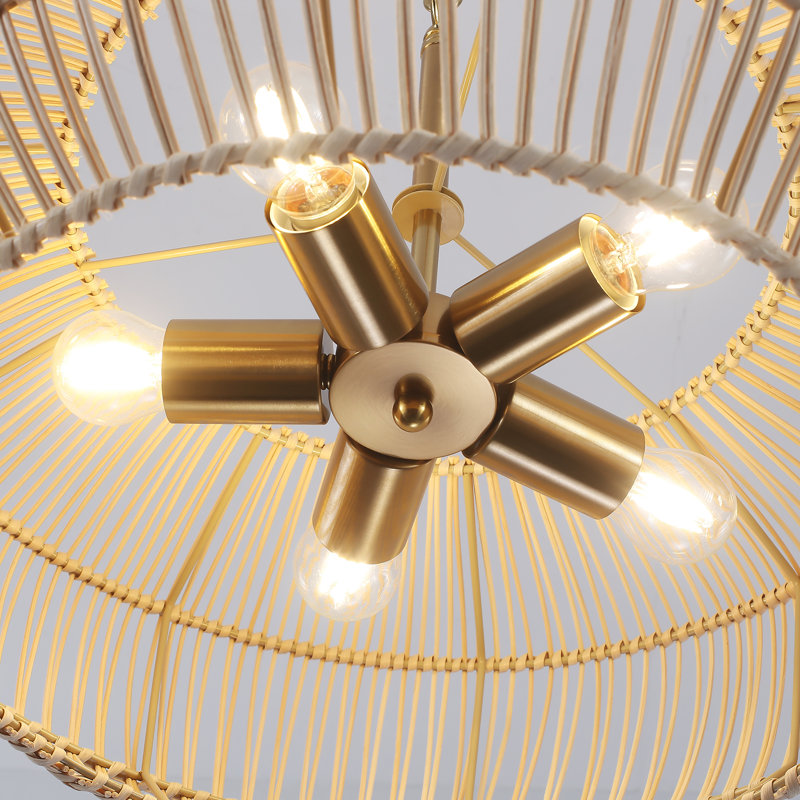 Lustre en rotin 5 lumières tissé à la main avec panier