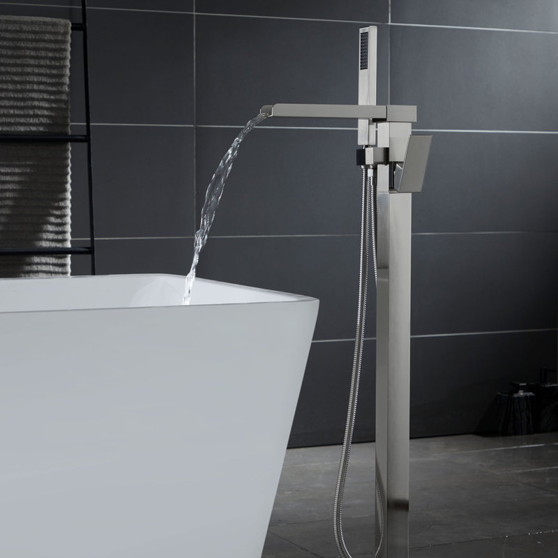 Robinet de baignoire autoportant à poignée simple 34,72 po Modern avec douche à main, Brushed Nickel