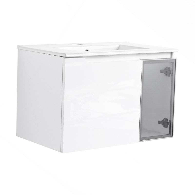 Meuble-lavabo mural 30 po avec lavabo en céramique, 2 portes à fermeture en douceur, meuble-lavabo blanc brillant et 1/2 porte en verre gris, contreplaqué