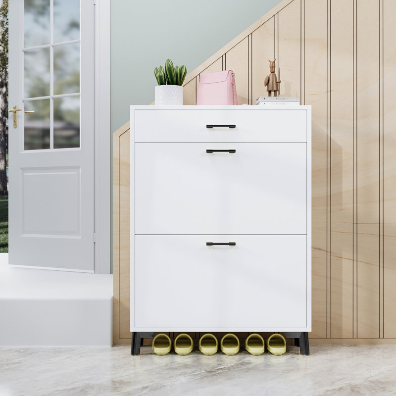 Shoe Storage Cabinet For Entryway, Free Standing Shoe Organizer With 2 Flip Drawers, Hidden Shoe Rack Storage Organizer For Doorway Hallway Closet