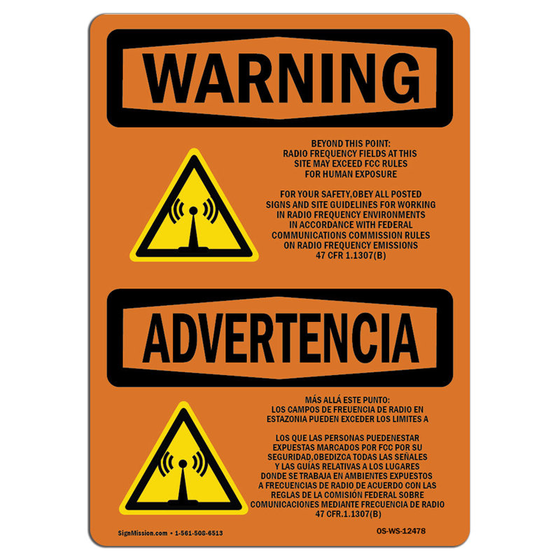 Osha Warning Sign - Beyond This Point Radio Frequency Bilingual, 18" H x 12" W x 0.1" D