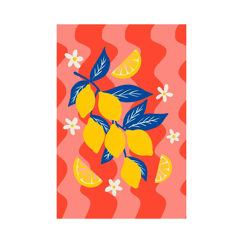 Branche de citron avec fond ondulé - reproduction d'art murale - toile tendue, H 12 po x l 8 po, Toile tendue