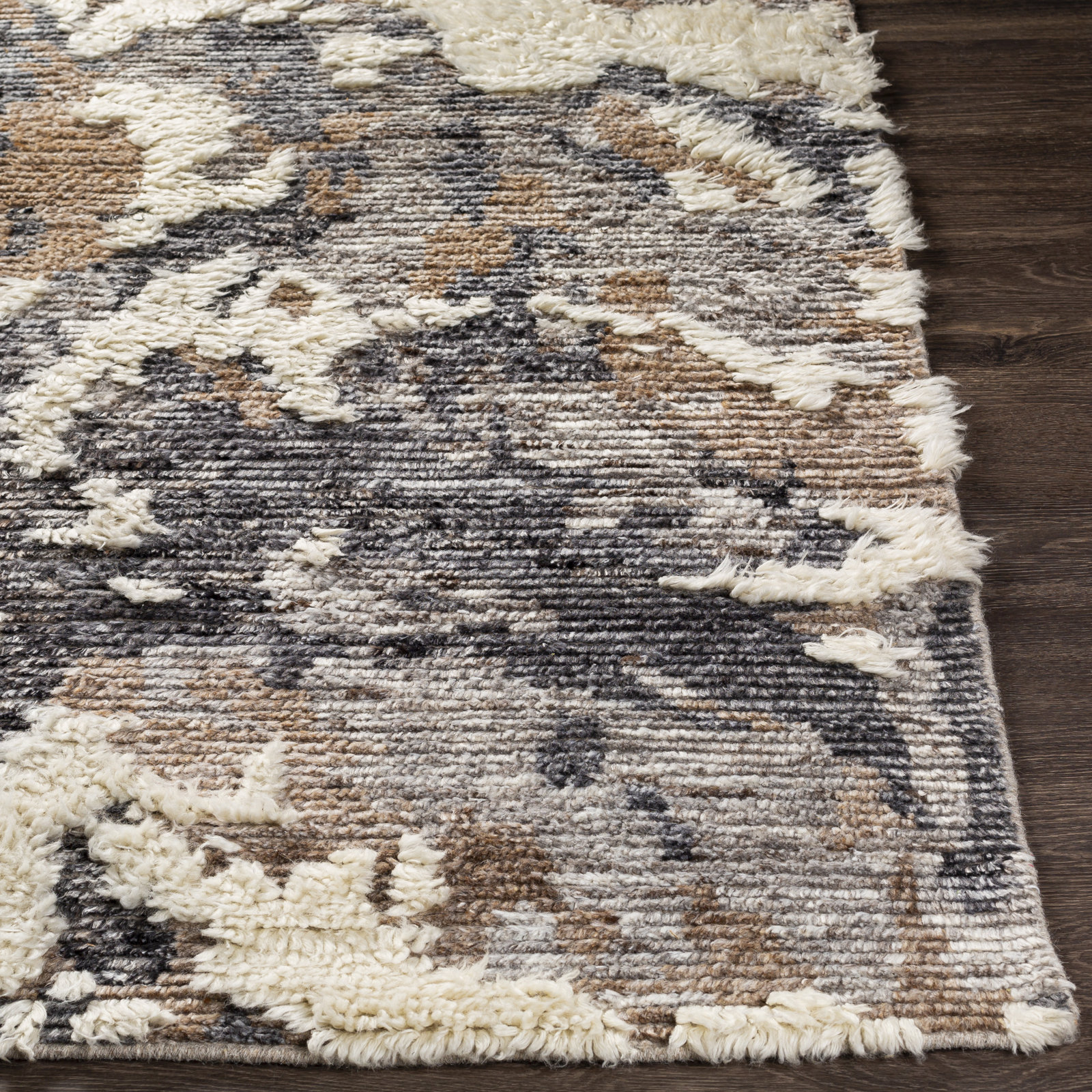 Zubi Dark Brown Cream Hand-Knotted Abstract Rug, Rectangle 8' x 10'