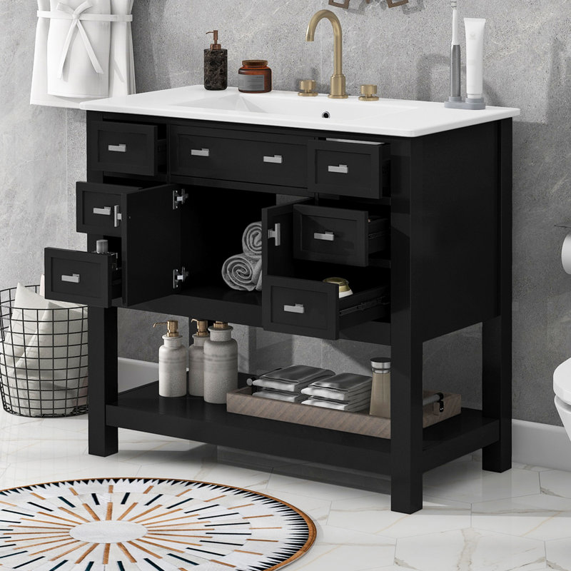 Meuble-lavabo moderne 36 po avec lavabo simple supérieur, 2 portes à fermeture douce et 6 tiroirs