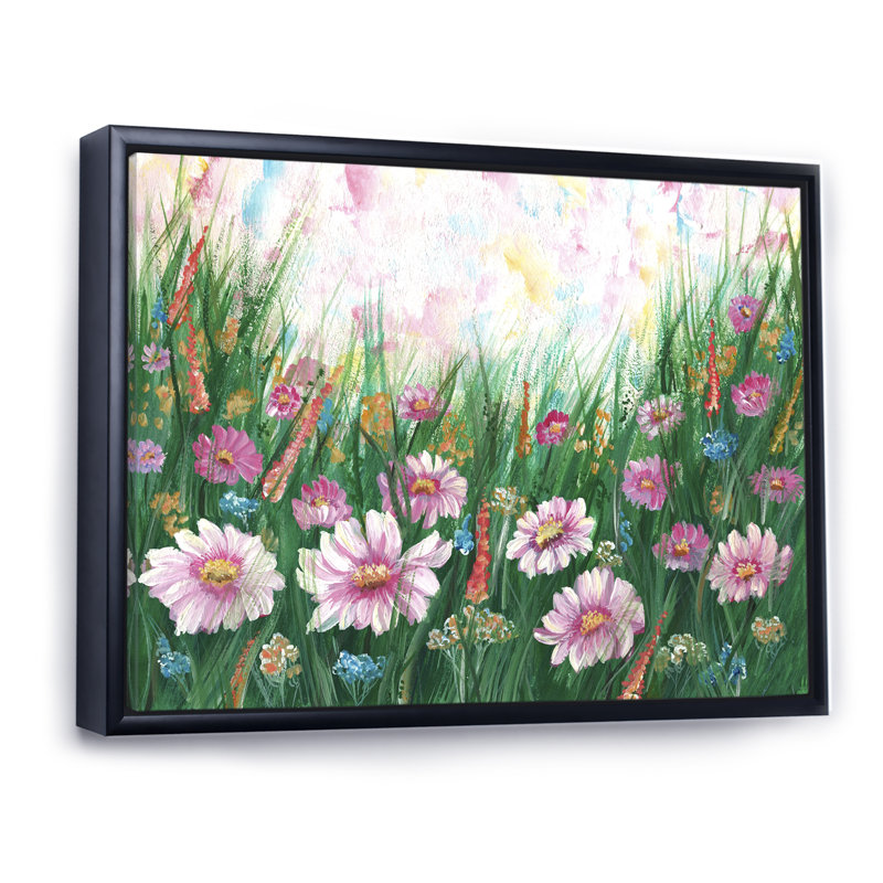 " Blooming Pink Flower Field ", 8" H x 12" W x 1" D, Black Floater Framed