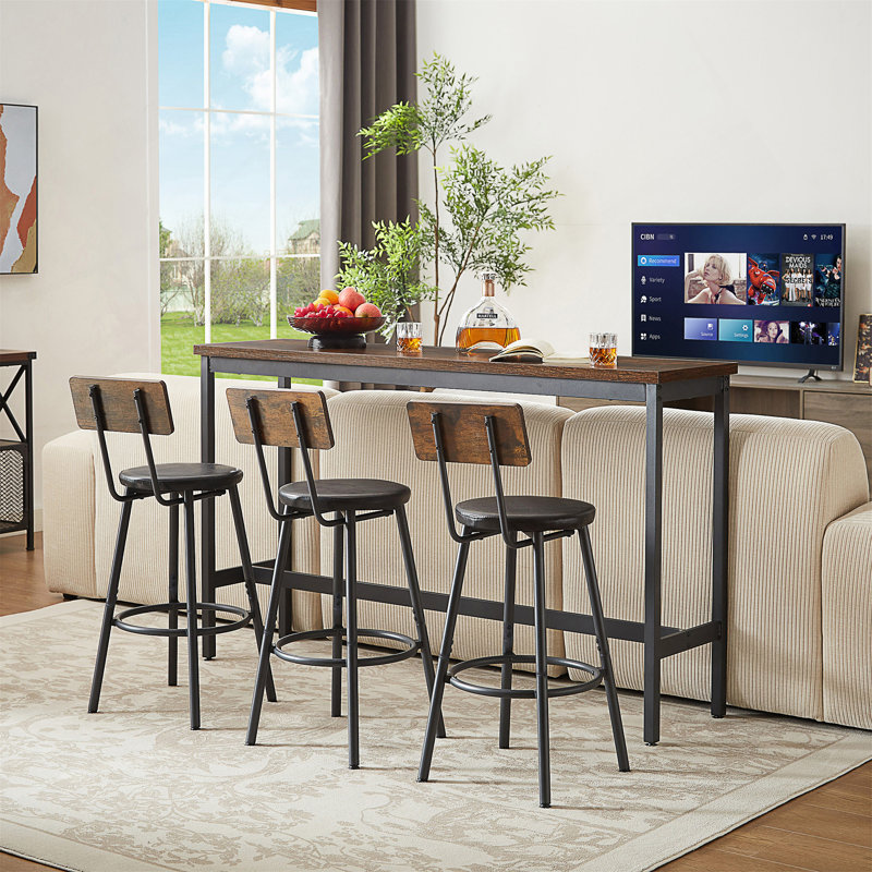 Long Bar Table Set with PU Upholstered Bar Stools, Industrial Bar Table and Chairs for Kitchen Breakfast Table, Living Room, Banquet Hall