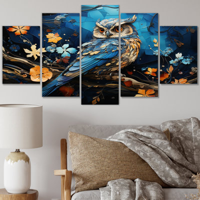 Blue Owl Nights Watch Collage II - animaux, reproduction sur toile - 5 panneaux