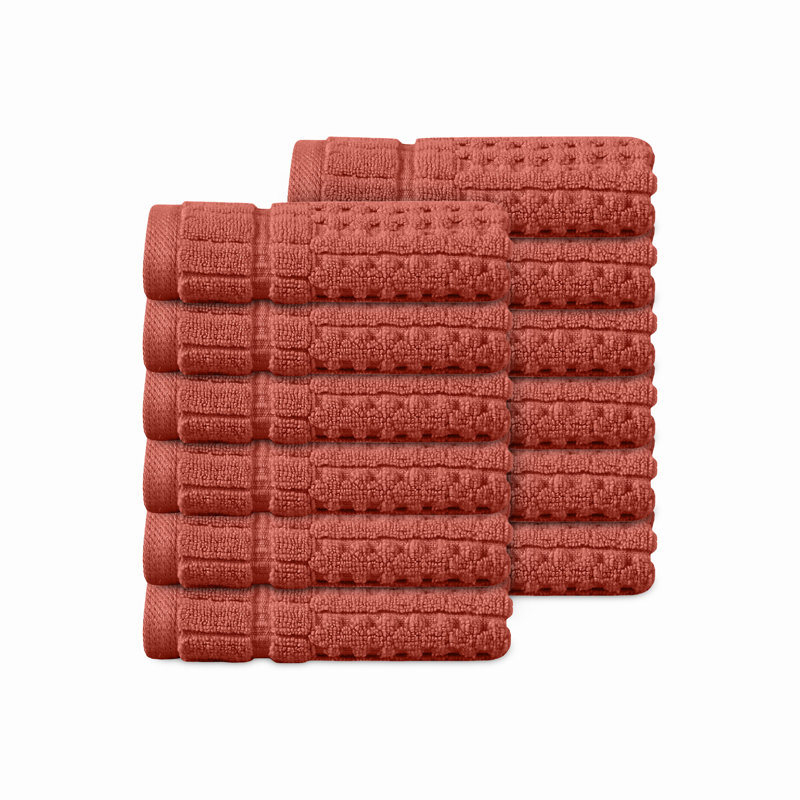 Willow 12 Pieces Washcloth Towel Set – 100% Combed Cotton, Premium Quality 630 GSM, Coral, Ultra-Soft & Highly Absorbent (12 Wash Towels)