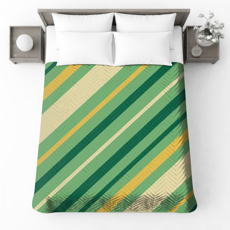Couvre-lit matelassé à rayures diagonales vert jaune toutes tailles, Double