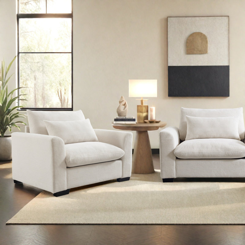 Deep Seat Single Sofa Accent Chair with Waist Pillow, Beige Corduroy
