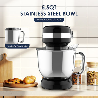 Mocoloo  5.5QT Black Stand Mixer 350W 12-Speed Tilt Head Small Kitchen Mixer with Stainless Steel Bowl, Dough Hook, Flat Beater, Wire Whisk & Splash Guard