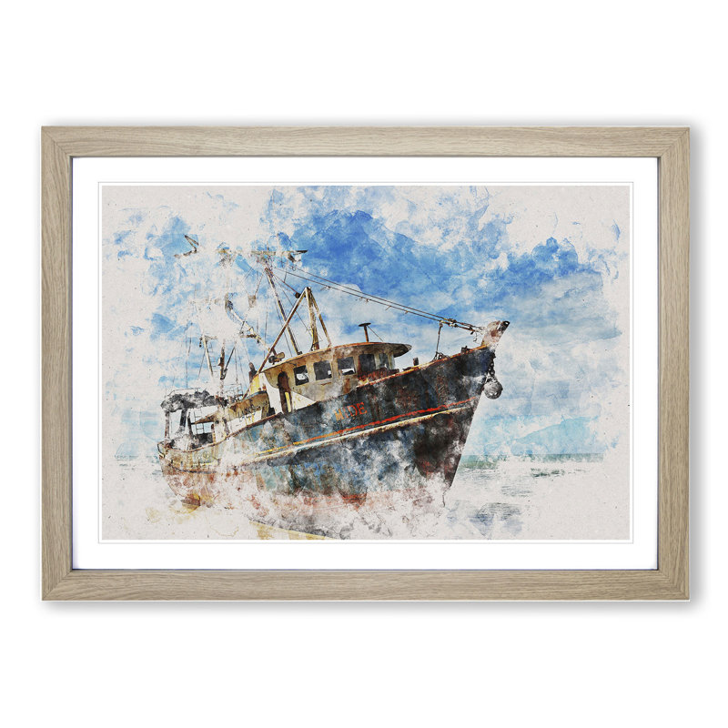 Boat Wreck on the Beach Watercolour - Picture Frame Graphic Art, 65cm H x 90cm W x 2cm D, Oak