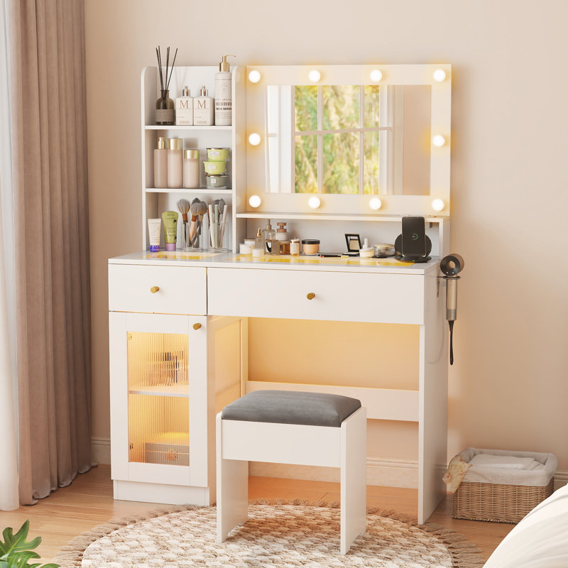 40" Makeup Vanity with LED Lighted Mirror and Charging Station, Glass Top Vanity Desk with Drawers and Shelves