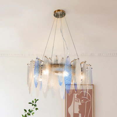 23.6inch Gold Blue & White Glass Pendant Chandelier With 8 E14 3-color Led Included (including Light Bulb)