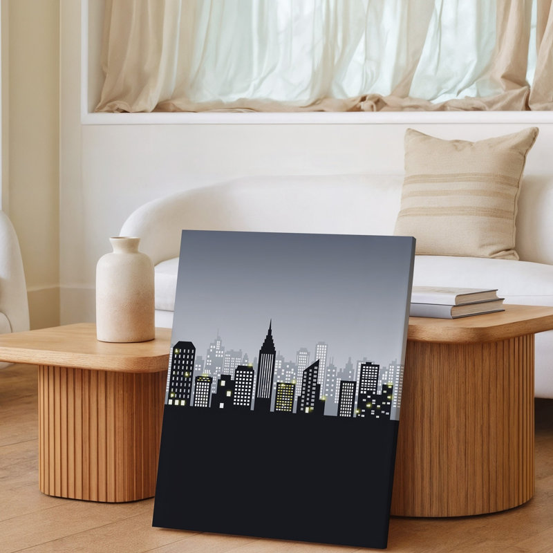 Toile, silhouette minimaliste d'une ville sur un fond dégradé, art mural transitionnel de gris foncé, H 24 po x l 18 po