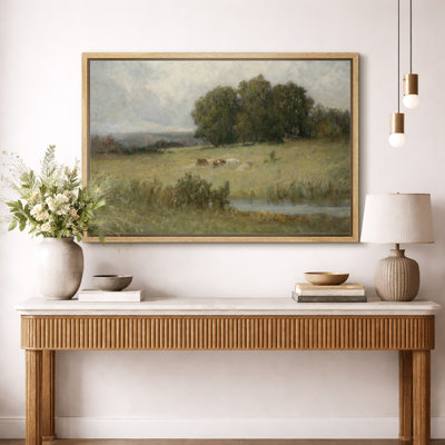 Pastoral Meadow With Cows Landscape Artwork, Living Room Dining Room Pictures, Framed Canvas Giclee Print Wall Art