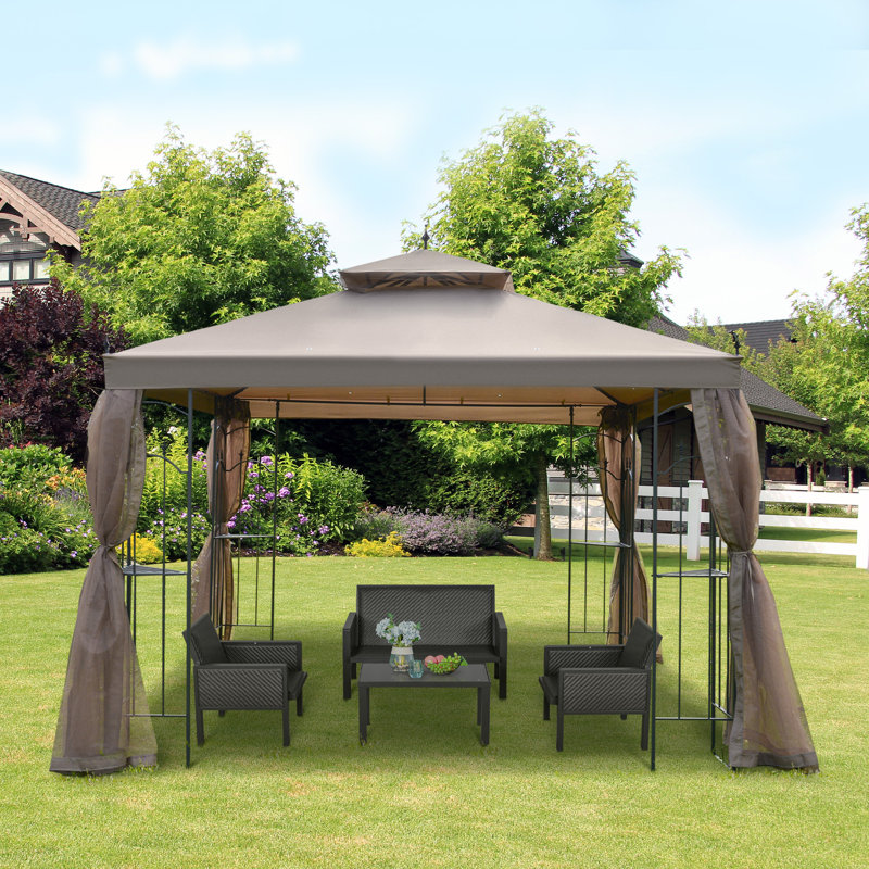 Outsunny Brown Steel Outdoor Patio Gazebo with Mesh Curtains and Shelves