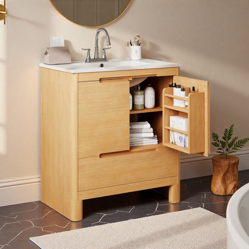 Meuble-lavabo moderne de 30 po avec lavabo en céramique, armoire de salle de bain autoportante avec grain de bois naturel, portes et tiroir à fermeture en douceur et tablette réglable
