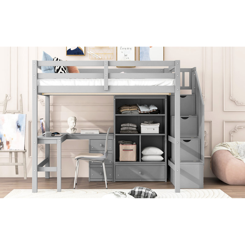 Lit mezzanine double avec bureau en L, tiroirs, armoire et bureau pour escalier en option, Gris