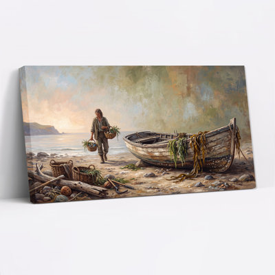 Tableau sur toile représentant un homme marchant sur la plage avec des paniers d'algues près d'un bateau en bois