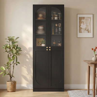‌23.6" Arched Glass Door Bookcase - 6-Tier Farmhouse Pantry, Tall Wooden Shelf, Seamless Fit For Home Office/Living Room/Kitchen