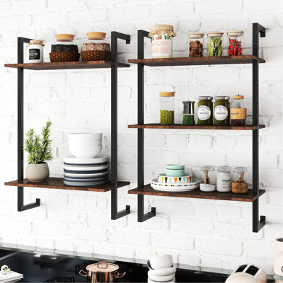 3 niveaux et 2 tablettes en bois flottantes fixées au mur en métal pour les accessoires de salle de bain