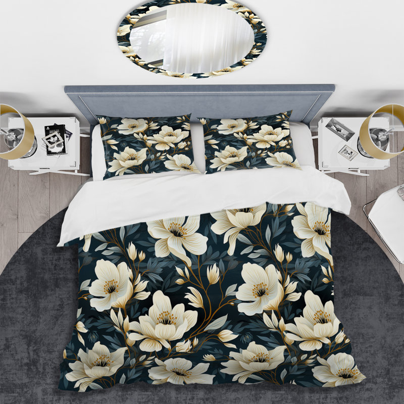 Minimalist Beauty Floral Pattern In Ivory III - Ensemble de housse de couette à motif floral