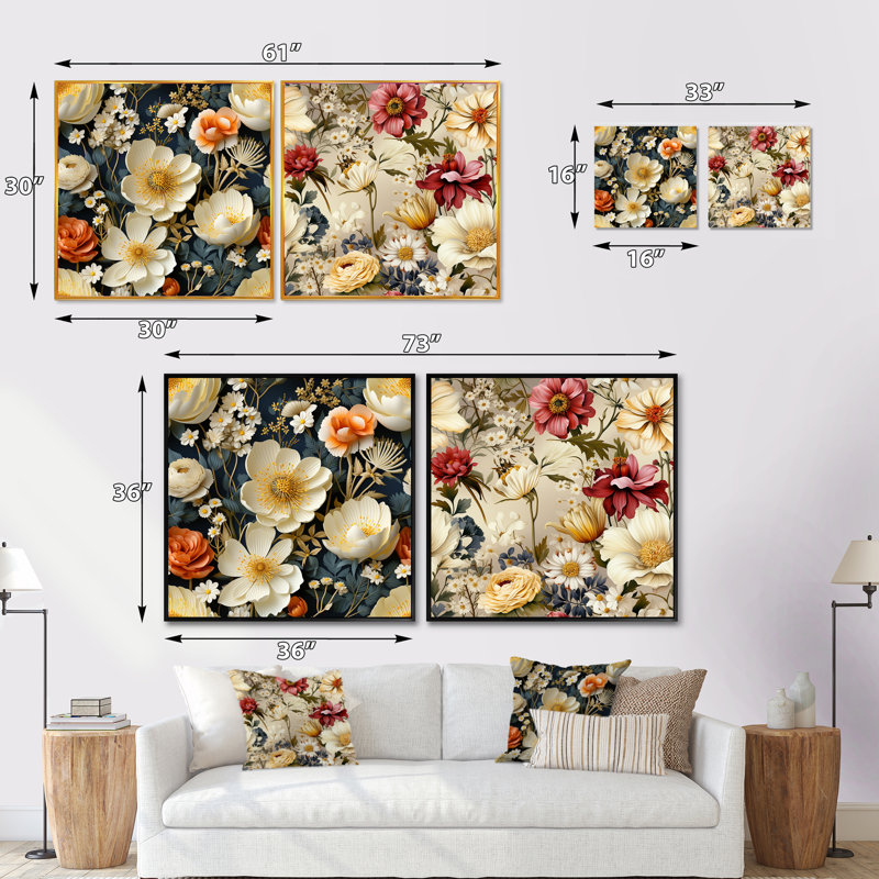 Pfarr - Ensemble de 2 collages floraux carrés, H 16 po x l 33 po, Toile tendue