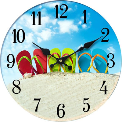 Horloge murale en verre Flip-Flop - thème de plage nautique côtière, pièce d'horlogerie décorative, idéale pour le salon, la chambre à coucher, la maison de plage - horloges murales de plage, horloges murales de plage 13 po