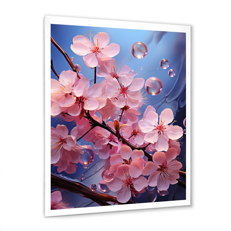 Fleur de cerisier rose, joyau de jardin IV - art mural cerisier en fleurs, Cadre simple blanc, H 32 po x l 16 po x P 1 po