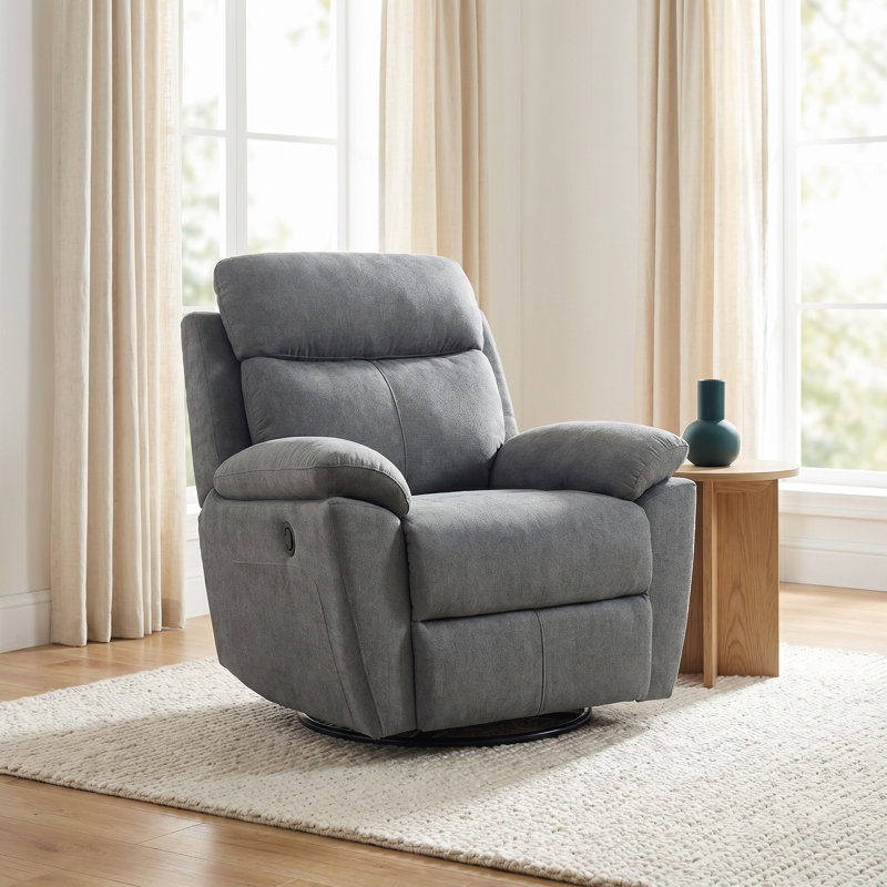 Gray Linen Swivel Glider Recliner Chair, 360° Rotating Rocking Manual Reclining Single Lounge Sofa For Living Room